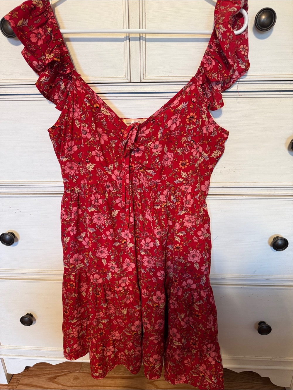 Band of the free- Women's Red Floral Ruffle Strap Dress